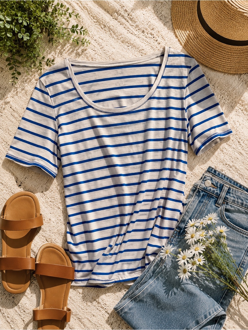 lululemon White & Blue Striped Scoop Tee